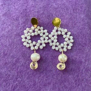 White Handmade Gold Wire Wrap Pearl Earrings